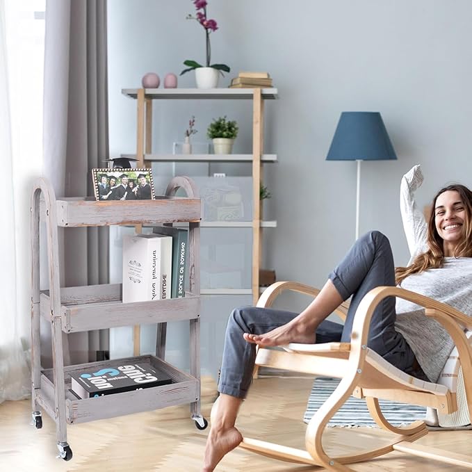 3-Tier Rolling Utility Cart with Lockable Wheels Storage Slim Storage Heavy Duty Cart Mobile Shelving Unit Craft Narrow Organizer for Bathroom Laundry Kitchen (Vintage Grey)