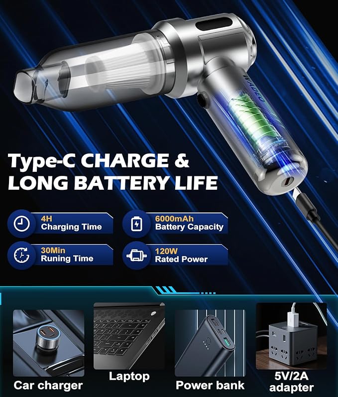 WADEO Car Vacuum Portable Cordless 18000PA, 4-in-1 Handheld Vacuum Cleaner and Air Duster with LED Display & Multi-Nozzles, Mini Hand Held Vacuum Rechargeable for Home, Car, Office, Pet Hair