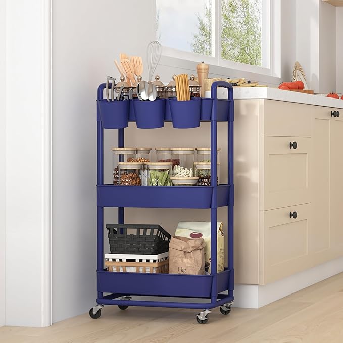 JIUYOTREE 3-Tier Plastic Rolling Storage Cart Utility Cart with Extra Hanging Cups Handles Lockable Wheels for Living Room Bathroom Kitchen Office Blue