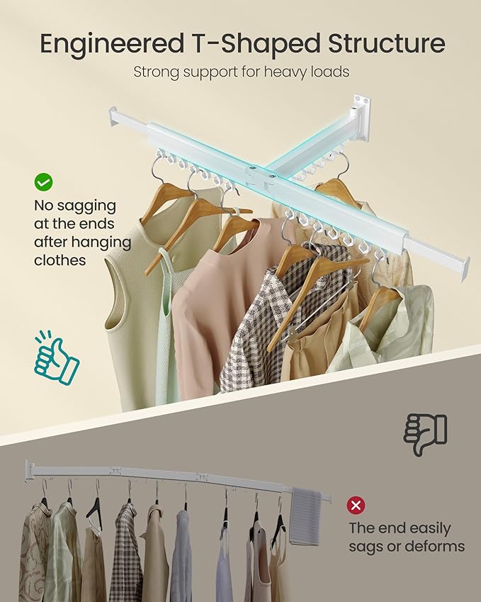 SONGMICS Clothes Drying Rack, Wall-Mounted Laundry Drying Rack, Extendable, Foldable Arms, with 21 Swivel Sliding Hooks, Space-Saving, for Laundry Room, Bathroom, Cloud White ULLR807W01