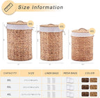 Round Water Hyacinth Laundry Hamper with Lid Handwoven Wicker Basket with Handles for Dirty Clothes, Storage, and Organization, No Assembly Required, 40L