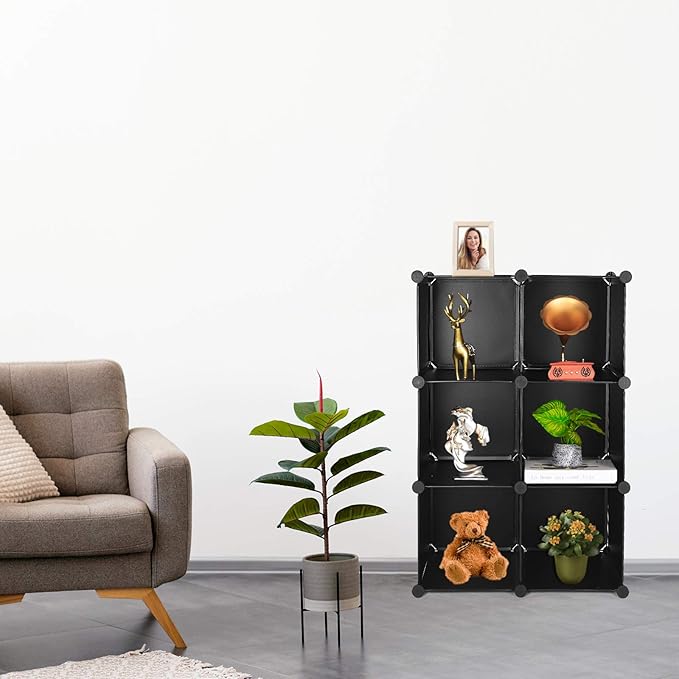 TUMUCUTE Cube Storage Organizer, 6-Cube DIY Plastic Closet Cabinet Modular Bookcase, Storage Shelves for Bedroom Living Room, Office, Black