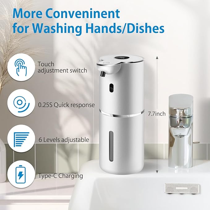Automatic Liquid Soap Dispenser 12.8oz, Rechargeable & 6 Levels Soap Adjustable with Digital Display, Wall Mount, Waterproof, Touchless Hand/Dish Soap Dispenser for Kitchen, Bathroom, Hotel