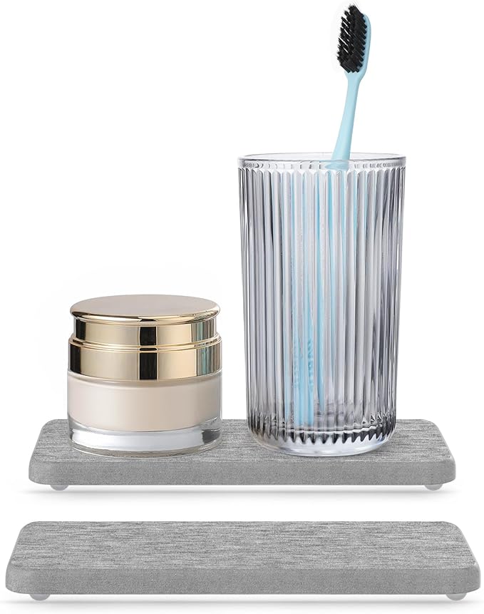 Water Absorbing Stone Tray for Sink | Quick Drying Diatomaceous Earth Coasters | Soap Dish Holder & Toothbrush Holder for Bathroom Counter | Hand Soap & Plant & Toiletries | Grey 2-Pack