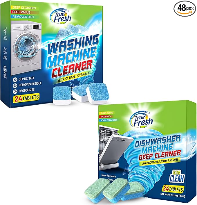 Washing Machine Cleaner & Dishwasher Cleaner Tablets - 48-Pack Bundle Compatible with Front Loader - Top Loader & He Machines and all Dishwashers Removes Buildup Lime Scales and residues - Septic Safe