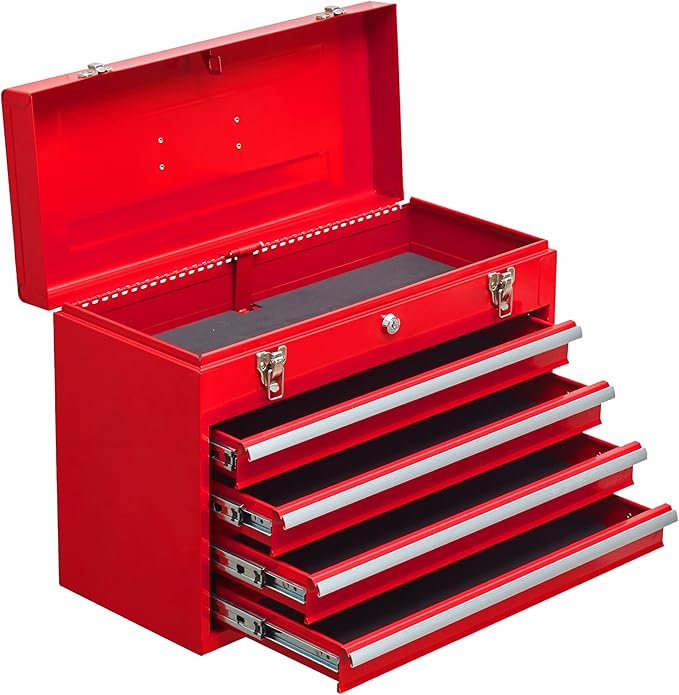 Tool Chest Cabinet, Large Capacity Metal Tool Box with Wheels and Cylinder Locking, Roll Around Storage Organizer Tool Cart for Garage, Redtool cabinets on Wheels (Red, 4-Drawer)