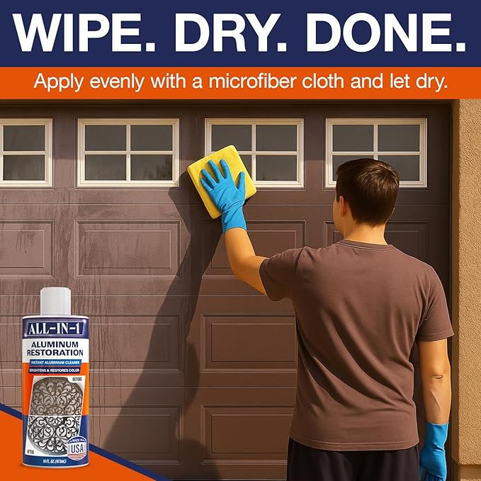 All-In-1 Aluminum Cleaner & Restoration Solution – Made in USA, Restores Faded Patio Furniture, Garage Doors, & Outdoor Fixtures, Aluminum Brightener & Restorer for All Painted Metal Surfaces, 16 OZ