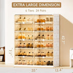 JEKO&JEKO 6-Tier Foldable Shoe Storage Box with Magnetic Doors, Large Stackable Shoe Organizer Cabinet for Entryway, Clear Front Door Shoe Boxes Hold Up to 24 Pairs (White)