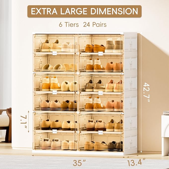JEKO&JEKO 6-Tier Foldable Shoe Storage Box with Magnetic Doors, Large Stackable Shoe Organizer Cabinet for Entryway, Clear Front Door Shoe Boxes Hold Up to 24 Pairs (White)