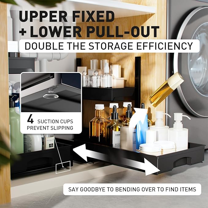 Metal Under Sink Organizers and Storage, 2 Pack Under Bathroom Sink Organizer, 2 Tier Pull out Cabinet Organizer, Adjustable Under Sink Organizer, Under Sink Storage for Bathroom, Black
