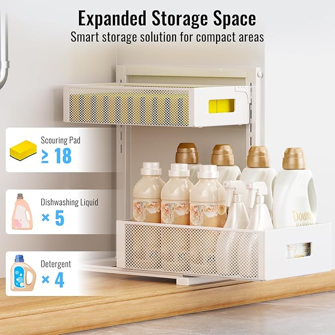 Full Metal Under Sink Organizer 2-Tier, Pull Out Cabinet Organizers and Storage, Silk-Smooth Sliding Drawer for Kitchen, Bathroom, Pantry, Cabinet, Closet (White, 2 Pack)
