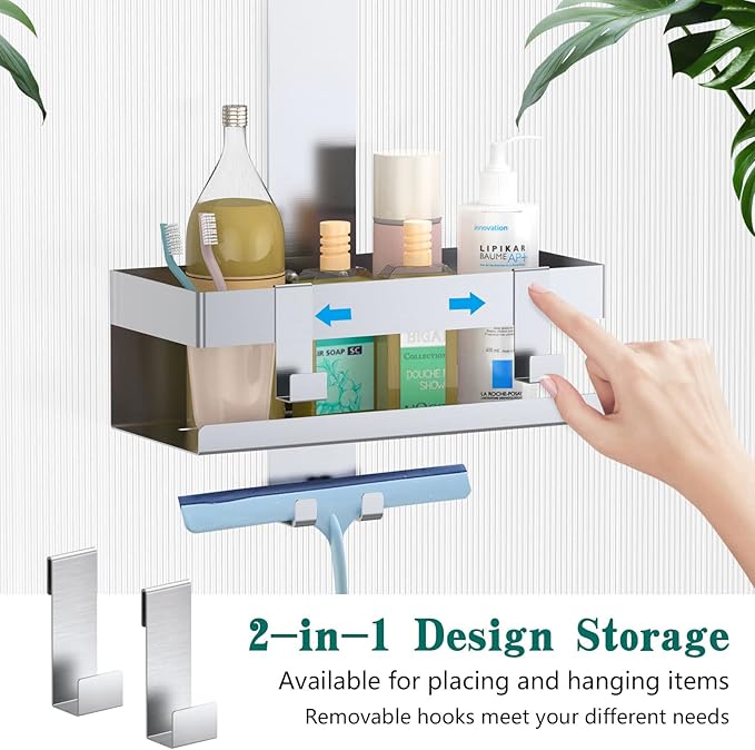 Over The Door Shower Caddy, 304 Stainless Steel Hanging Shower Caddy Rustproof Shower Shelves,No Drilling Hanging Shower Organizer for Bathroom Glass Door Up to 1.5cm,Basket: 23×10×10cm,Silver