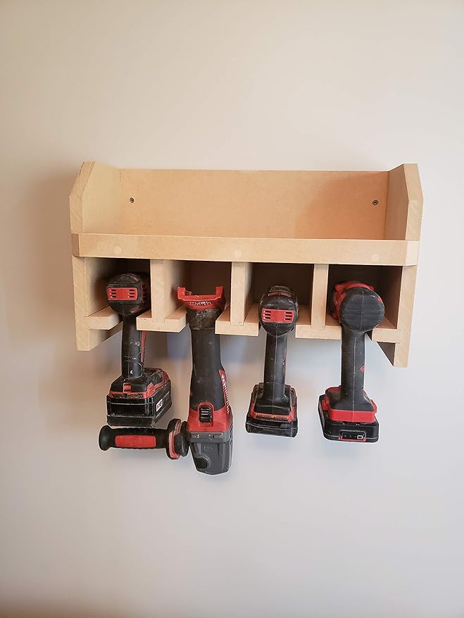 "Generic" Cordless Tool Shelf Holds 4 Drills, Impact Drivers and Others, with Charger/Battery Shelf