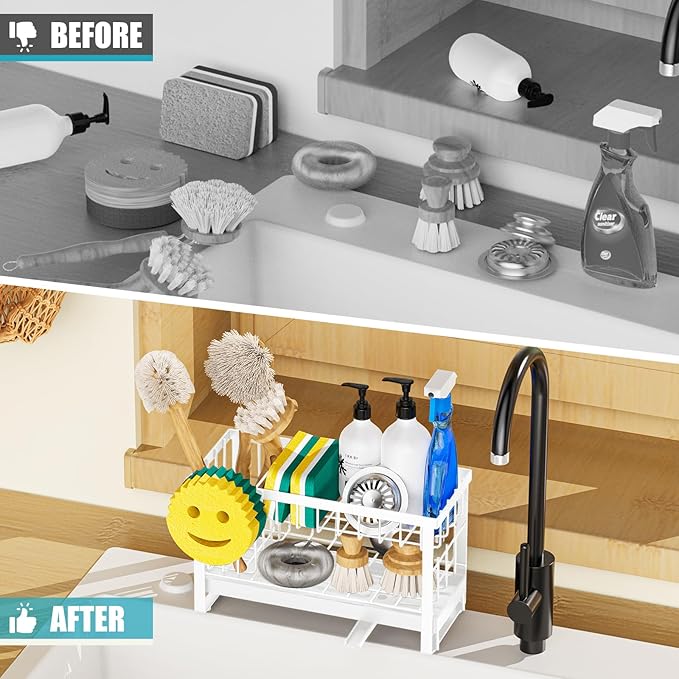 Sponge Holder for Kitchen Sink with Flexible Sponge Holder Smiley Face,2 Tier Kitchen Sink Organizer Countertop and Storage Essentials,Soap Dispenser Organize,Home Decor Accessories-White