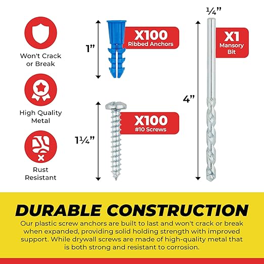 Qualihome Ribbed Plastic Drywall Anchor Kit - Wall Anchors and Screws for Drywall Includes Anchors, & Screws, 1 Masonry Drill Bit - Mounting Tolls for Decor, Furniture, Shelving (10-12 x 1)