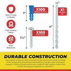 Qualihome Ribbed Plastic Drywall Anchor Kit - Wall Anchors and Screws for Drywall Includes Anchors, & Screws, 1 Masonry Drill Bit - Mounting Tolls for Decor, Furniture, Shelving (10-12 x 1)