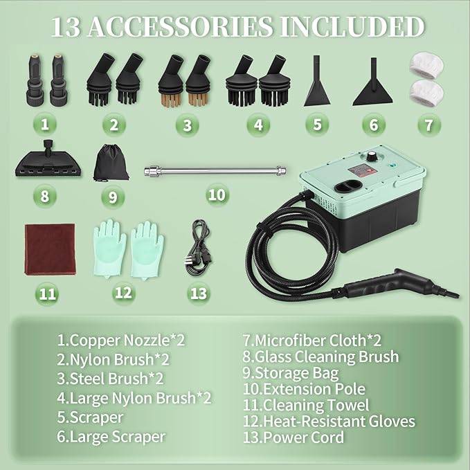 2500W Steam Cleaner - Adjustable 6-Level Steam Control, 15s Fast Heat, 1.6QT Water Tank, Portable High-Pressure Steamer for Home, Car, Grout