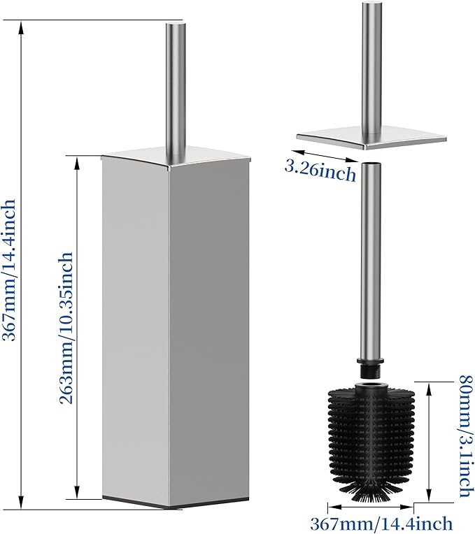 RUACQ Toilet Brush and Holder Set,Square Toilet Bowl Brush for Bathroom with 304 Stainless Steel Handle Toilet Cleaner Brush with Durable Scrubbing Bristles,Splash-Proof (Brushed Nickel)