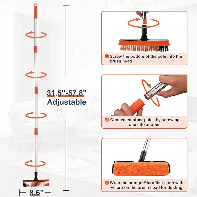 2 in 1 Floor Scrub Brush Grout Brush with 57.8" Long Handle,120°Rotatable Shower Tile Grout Cleaner Scrubber,V-Shaped Corner Brush for Hard to Reach Areas (Orange)