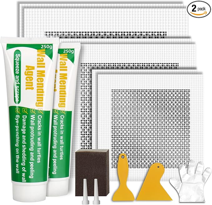 Drywall Repair Kit | 500g Safe Wall Mending Agent | 6pcs Wall Patches | Reusable Frosted Block | Scrapers | Easy Hole Filling for Aluminum, Metal, Plaster, Sheetrock & Ceiling