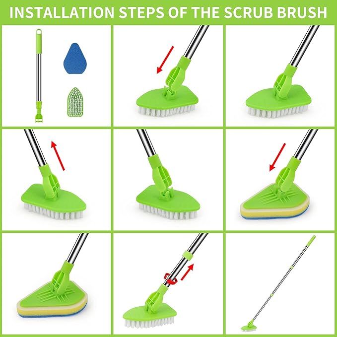 Scrub Cleaning Brush with Long Handle 35'' - Extendable Floor Scrubber with 1 Stiff Bristles & 3 Sponge Brush, Adjustable Lightweigh Detachable Kitchen Brush for Baseboard Shower Bathroom Bathtub Tile
