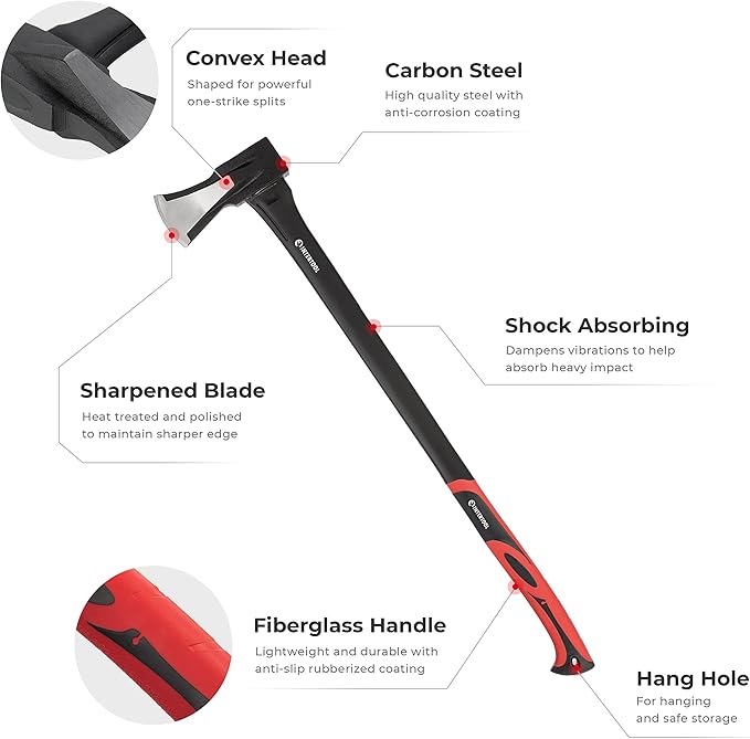 INTERTOOL Wood Splitting Maul and and Hatchet Set - 35-inch Axe and 14-inch Camping Chopping Hatchet with Shock Absorbing Fiberglass Handles with Blade Protectors HT-0275-0291