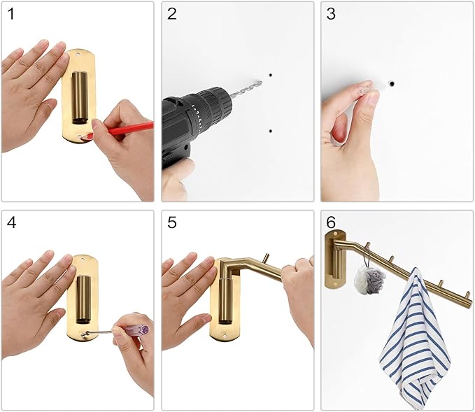 Sumnacon Stainless 2 Pcs Steel Clothes Hanger Rack-Wall Mount Garment Hook with Swing Arm, Sturdy Coat Robe Storage Organizer for Laundry Room Bedrooms Clothing Drying Rack with 5 Hooks, Gold