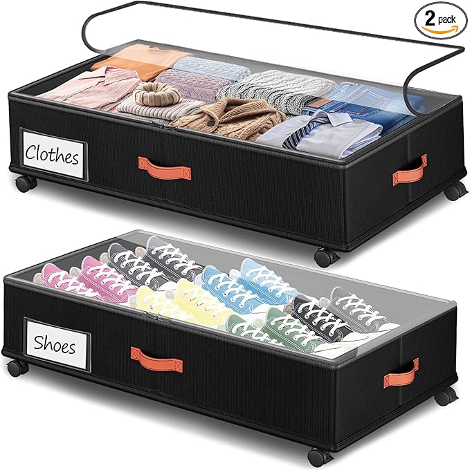 Under Bed Storage with Wheels 2-Pack, Under Bed Storage Containers 60L Clear Lids, Rolling Storage Drawers for Clothes Shoes Blankets, Underbed Organizer Bins(32" L x 17.3" W x 7.5" H)