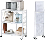 BRIAN & DANY 3-Tier Foldable Storage Shelves with Wheels, No Assembly Folding Shelf Metal Rack, Shelving Unit for Kitchen, Garage, White