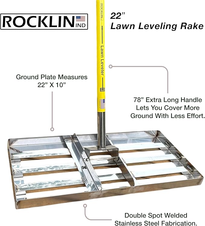 Rocklin™ Lawn Leveling Rake – 22” x 10” Stainless Steel Levelawn Tool with 78” Handle | Smooth & Level Soil, Sand or Grass | Durable Leveling Tool for Lawn, Yard and Garden