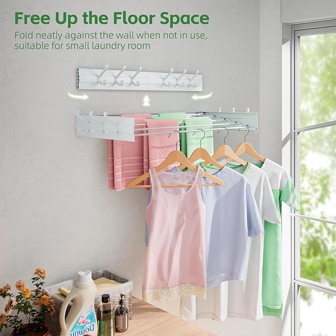 Wall Mounted Drying Rack 31.5", Foldable Laundry Clothes Drying Rack with 6 Towel Hooks and 5 Rods for Hanging Clothes, Space Saving for Indoor Outdoor Bathroom Balcony Laundry Room(31.5")