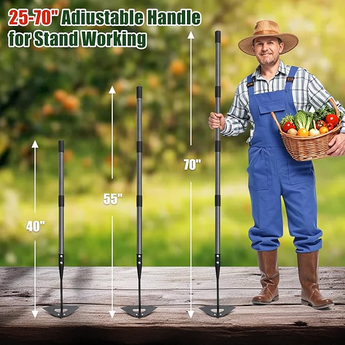 Hardened Hollow Hoe with Long Handle 48 inch Heavy Duty Garden Hoe Tool - Ergonomic Weeding Tool for Lawn, Yard & Farm, Rust-Resistant Steel with Comfort Grip, Easy Adjust & Storage