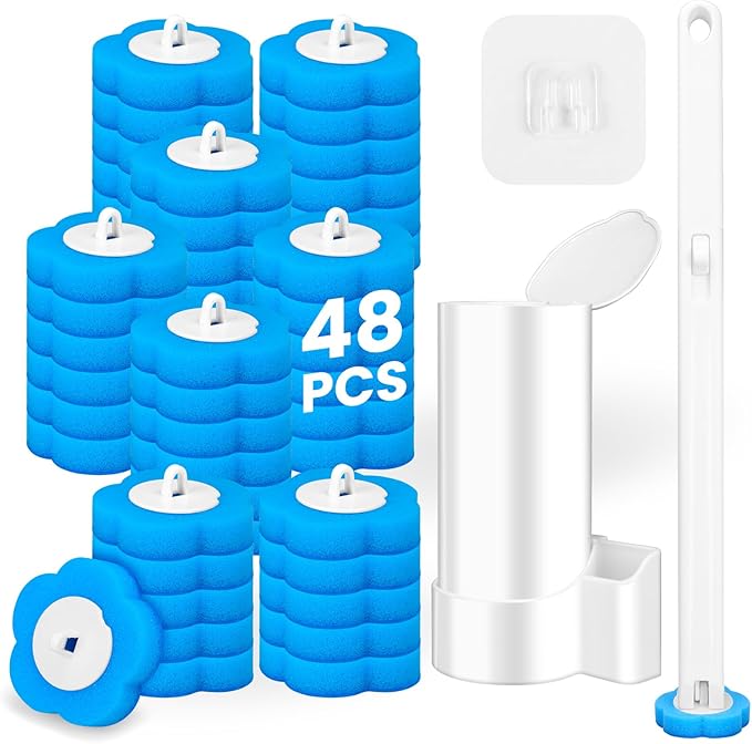 KOKL Disposable Toilet Brush, Toilte Wand Kit, Toilet Brush and Holder with 48 Refills, Toilet Bowl Brush, Toilet Bowl Cleaning Wands, Toilet Cleaning System for Bathroom Maintenance