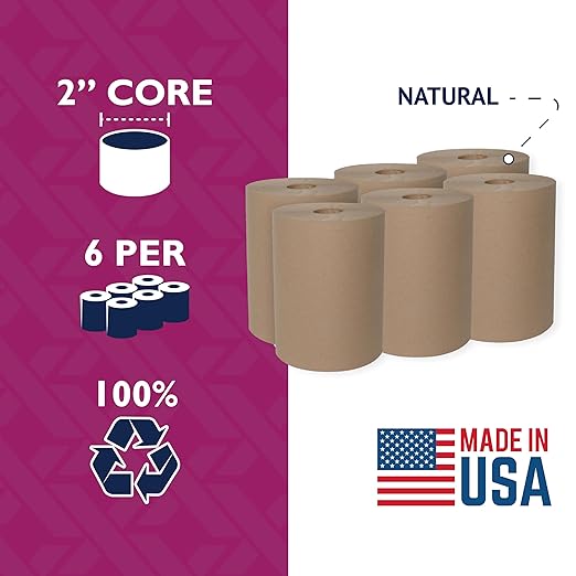 Maximus X1112 Heavyweight 10" Recycled Paper Towels with Superior Absorbency, Natural Commercial Paper Towels Rolls Suitable for Office, Restaurant, and Healthcare Facilities, 6 Rolls Per Case
