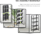 4NM No-Assembly Folding Bookshelf Storage Shelves 4 Tiers Vintage Bookcase Standing Racks Study Organizer Home Office (All Black)
