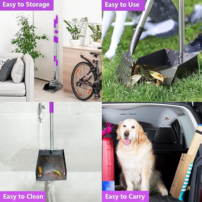 QiMH Upgraded Dog Pooper Scooper Extra Large, Adjustable Long Handle Stainless Metal Pet Poop Tray and Rake Set for Large Medium Small Dogs, Dog Waste Removal Bin Rake, Great for Grass, Street, Gravel