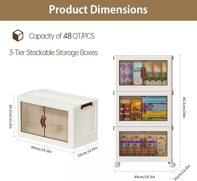 3-Tier Stackable Storage Bins with Lids & Open Front Design, Foldable Storage Bins with Wheels for Home Organization, Collapsible Space Saving Multi-Layer Organizer, 48QT