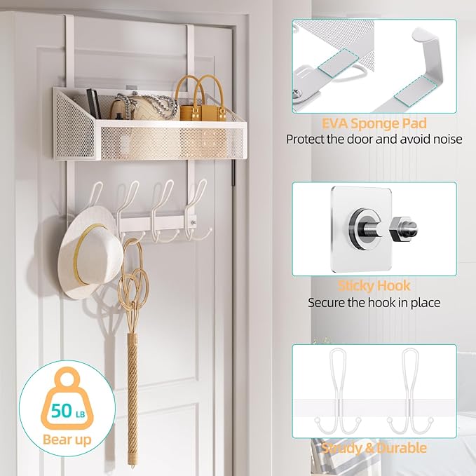 Over Door Hook Organizer, 12 Hook Over The Door Organizer with Mesh Basket - Back of Door Storage Towel Rack Space Saving Storage Organizer for Bedroom, Bathroom, Kitchen, Pantry, White