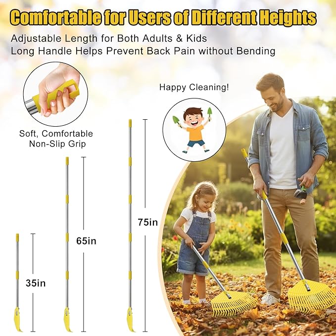 Lightweight Leaf Rake for Lawn & Garden - Durable Nylon Plastic Head, Easy Yard Cleanup for Women, Seniors & Kids, 16.5" Wide Rake for Leaves, Grass & Pine Needles, Adjustable Handle 35–50"