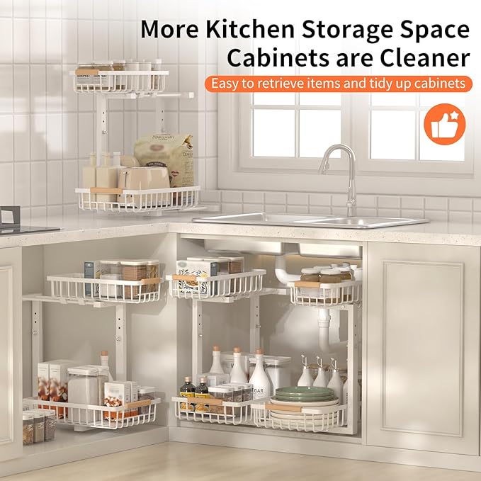 Under Sink Organizer, 2 Pack Under Sink Organizers and Storage, 2-Tier Pull Out Under Cabinet Organizer Storage Shelf, Metal Frame, Height Adjustable Rack for Bathroom Kitchen Pantry