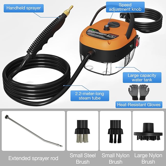 Handheld Steam Cleaner, 2500W Hand-Held High Pressure Portable Cleaning Machine with 3 Brush, High Temperature Steamer for Home Use, Kitchen, Furniture, Bathroom, Car (Orange)