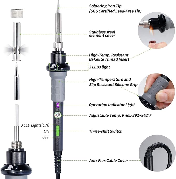 YIHUA 947-V Soldering Iron Kit with 3 LED Lights, Temperature Control, 5 Premium Solder Tips, Desoldering Pump, Indicator & ON/OFF Switch-60 Watts Soldering Iron, Solder Wire, Tip Cleaner, and more.