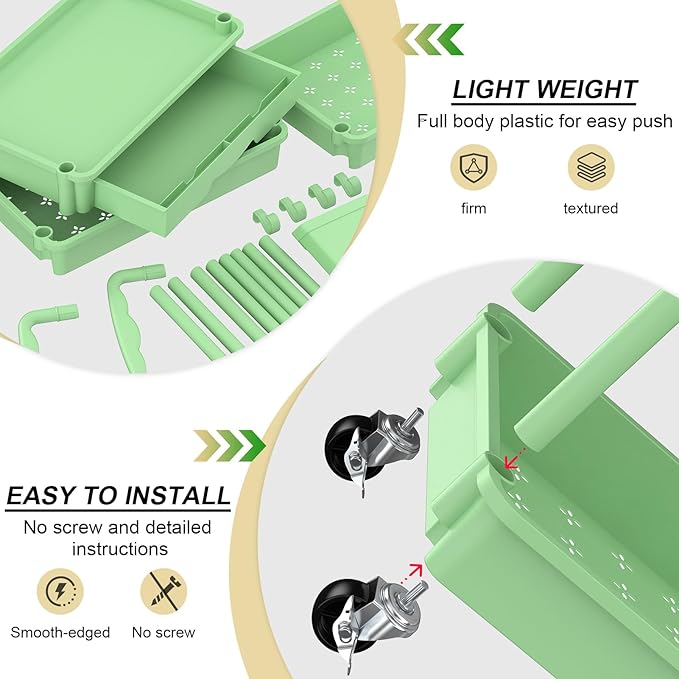 Goovilla 4 Tier Rolling Utility Cart Organizer with Removable Drawer, Stable and Sturdy Green Rolling Storage Carts with 2 Lockable Wheels for Bathroom, Kitchen, Snack, Craft, Makeup, Baby Essentials