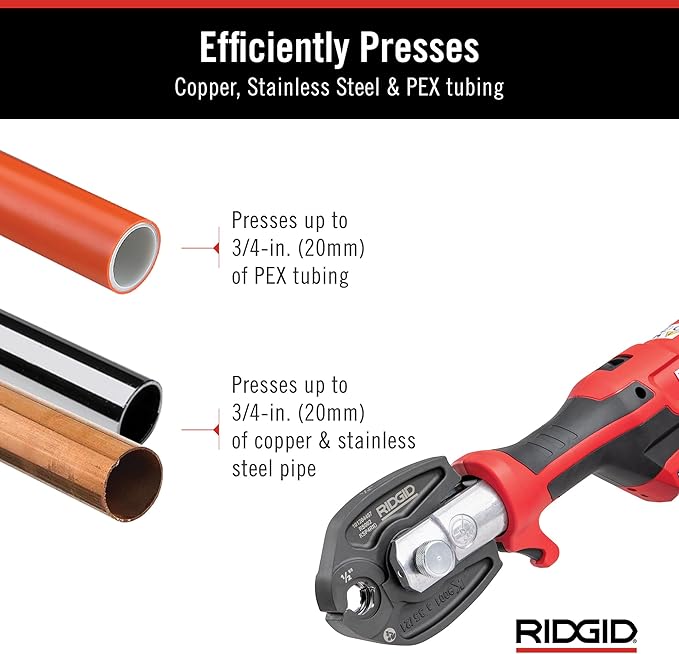 RIDGID 72558 Model RP 115 Mini Press Tool and Battery Kit with 1/2" to 3/4" ProPress and PureFlow Press Tool Jaws, 2V Li/Ion Battery, 12V Charger, and Carrying Case