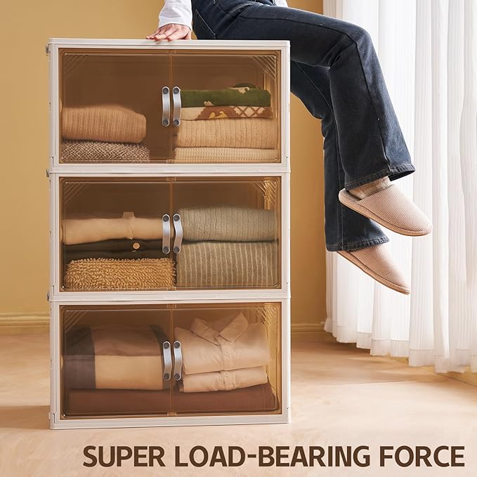 4 Pack Plastic Storage Bins with Drawers - 388QT Foldable Stackable Storage Bins with Lids - Closet Craft Organizers and Storage - Plastic Drawer Storage for Bedroom(97QT×4), 22.8 Gal