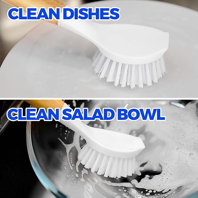 Holikme 3 Pack Dish Brush Set with Bamboo Handle, Kitchen Cleaner for Cleaning Pasta Plate, Salad Bowl, Scrubber with Soft Bristles, Blanco