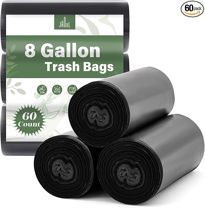 Jaoul Trash Bags 8 Gallon, Strong Tear & Leak Resistant Medium Garbage Bags, 0.97 Mil Extra Strong Trash Bags for 30 Liter Trash Can, Suitable for Kitchen, Bathroom, Restroom, Car, Black, 60 Counts