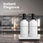 White Glass Hand and Dish Soap Dispenser Set by Brighter Barns - Kitchen Soap Dispenser Set with Tray for Kitchen, Home or Vacation Rental - Modern Kitchen Decor & Accessories (White)