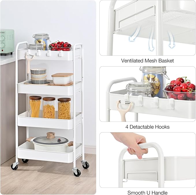 TOOLF 4-Tier Metal Rolling Cart with Wheels, Storage Utility Organizer Cart for Kitchen, Bathroom, Office, Baby Essentials & Makeup - Lockable Casters, Easy Assembly, Large Capacity, White