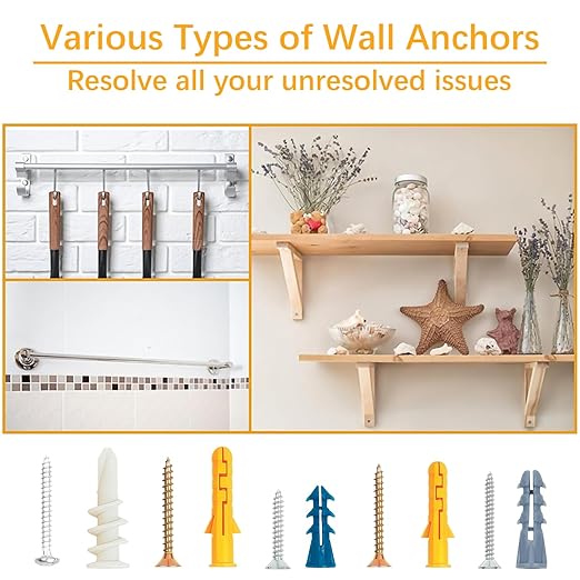 396 Pcs Drywall Anchors and Screws Kit, Dry Wall Anchors and Screws Kit, Dry Wall Screw Anchor Set, Plastic Anchor and Phillips Flat Head Screw for Concrete Brick Frame Canvas Picture Hanging Set